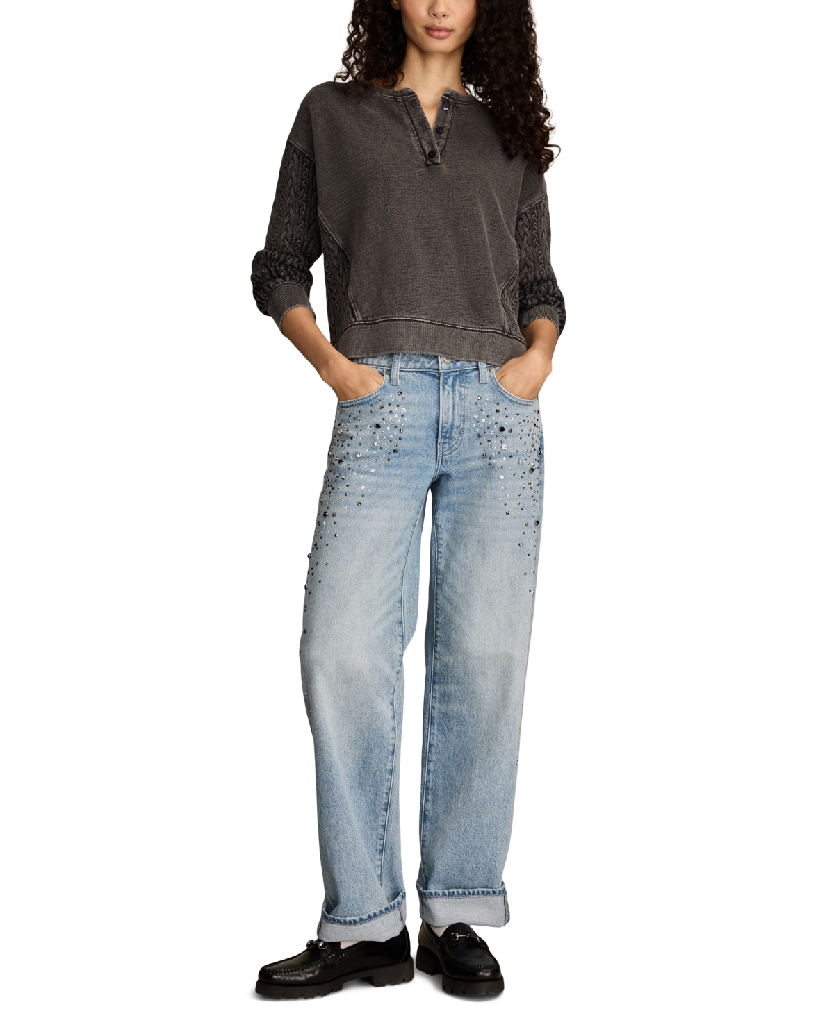 Lucky Brand Women's Cable-Sleeve Boho Fleece Henley Top