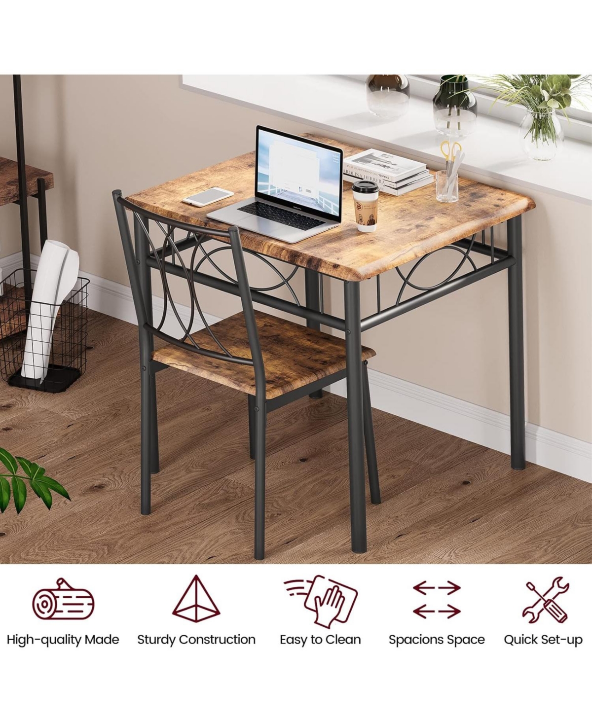 gaomon Dining Table Set for 2 Kitchen Table and Chairs for 2 Square Dining Room Table Set with 2 Metal and Wood Chairs Kitchen Table Set for Apartment