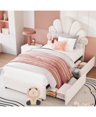 Twin Kids Platform Bed with 2 Drawers, Cute Velvet Headboard, Easy Assembly