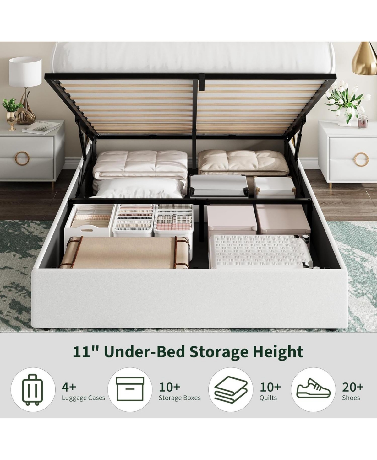 gaomon Full Lift-Up Storage Bed Frame, Velvet Diamond Tufted Headboard, Gold Trim