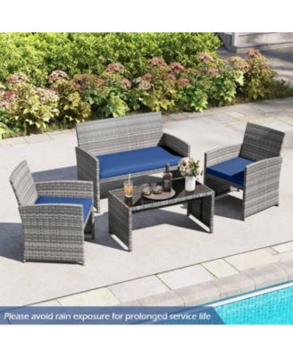 4 Piece Patio Furniture Set Outdoor Wicker Conversation Set w/ Tempered Glass Coffee Table