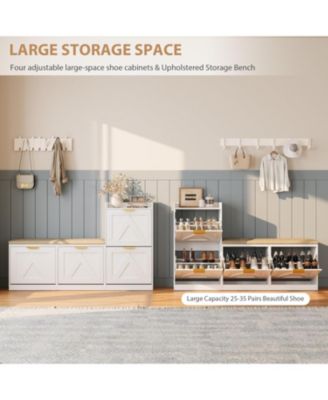 Farmhouse Shoe Cabinet with Bench, 4 Flip Drawers, Cushioned Seat Shoe Organizer, Freestanding Entryway Storage