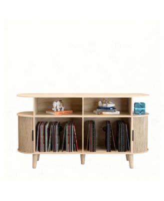 Mid-Century Modern Record Cabinet with Charging Station & Storage