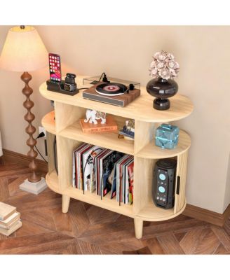 Mid-Century Modern Record Cabinet with Charging Station & Storage