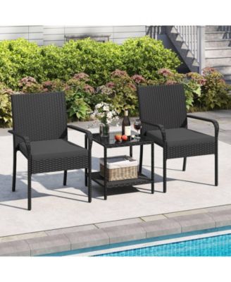 3 Piece Patio Furniture Set Outdoor Wicker Chair & Table Set w/ Seat Cushions