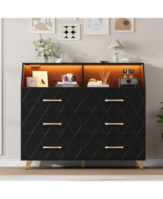 Dresser with 6 Large Storage Drawers, TV Stand Dresser with LED Lights & Charging Station, Wood Dressers & Chests of Drawers for Closet