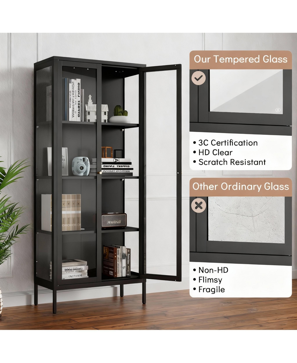 Yigii Tempered Glass Sturdy Steel Frame 3-Side Display Cabinet