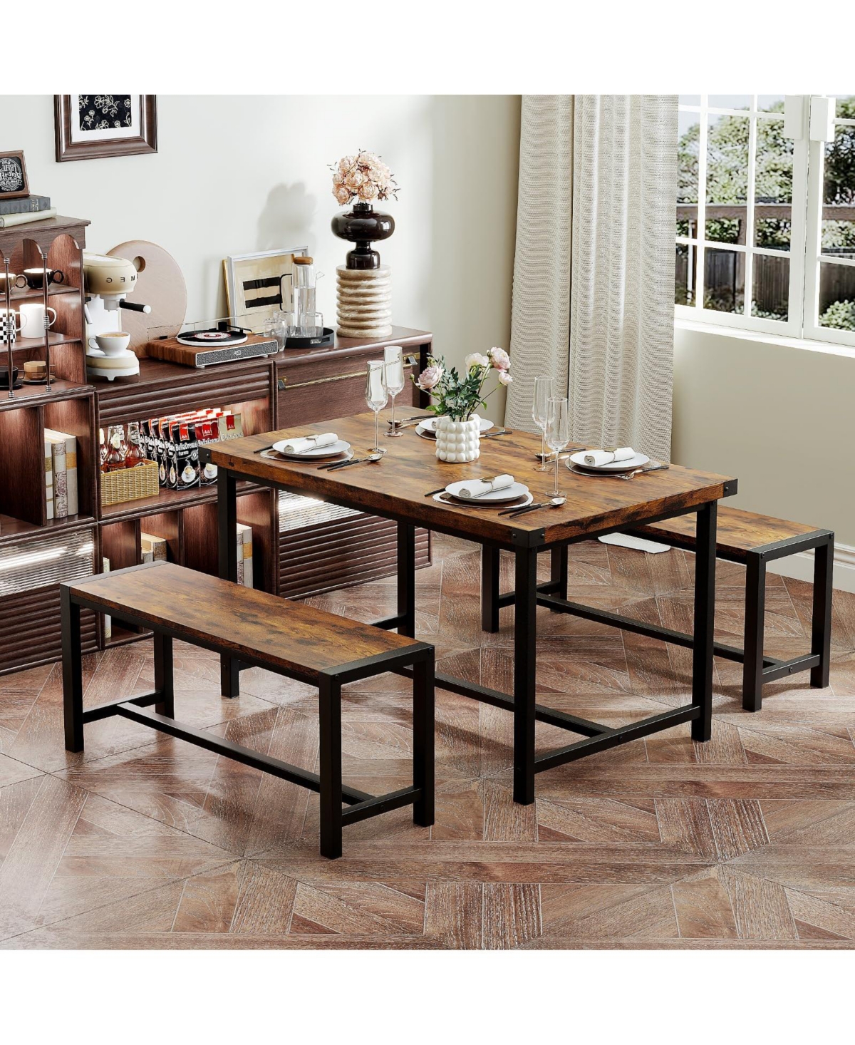 gaomon Dining Table Set for 4, Kitchen Room with 2 Benches, 3-Piece Wood Dinette Sets Chairs