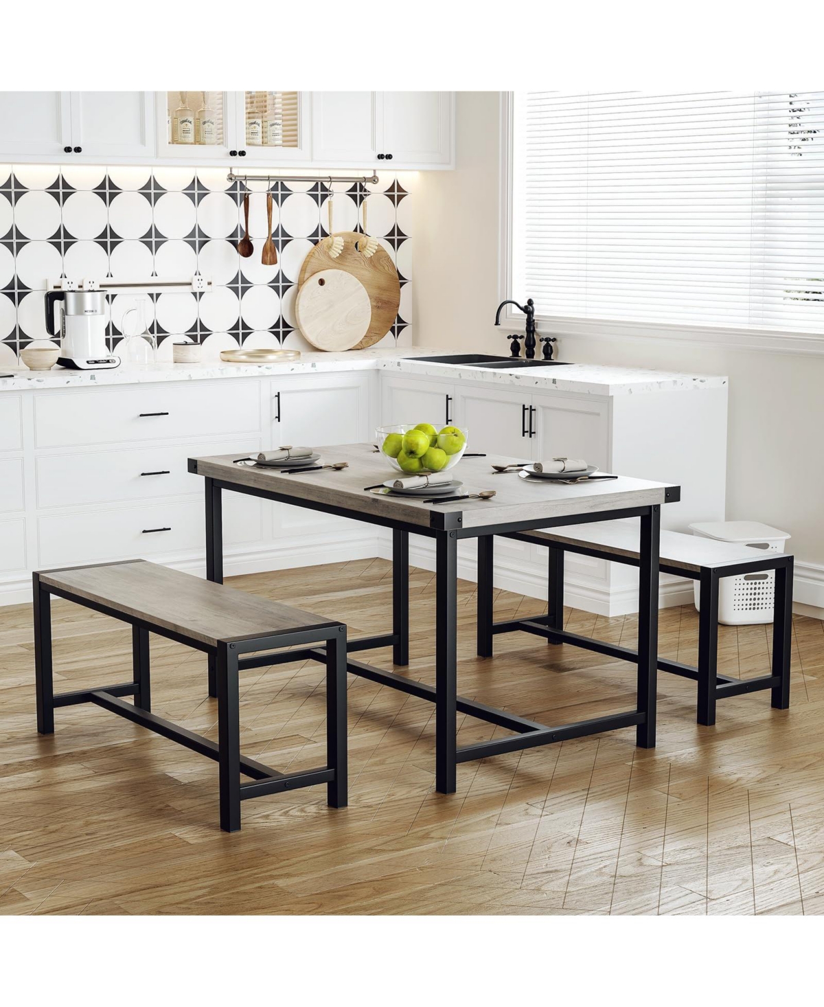 gaomon Dining Table Set for 4, Kitchen Room with 2 Benches, 3-Piece Wood Dinette Sets Chairs