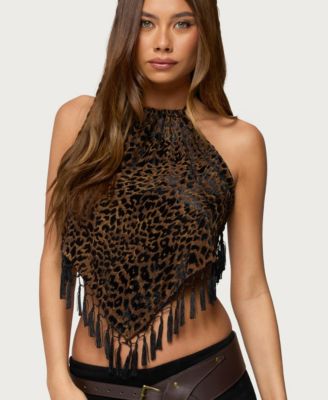 Women's Printed Backless Tassel Handkerchief Top