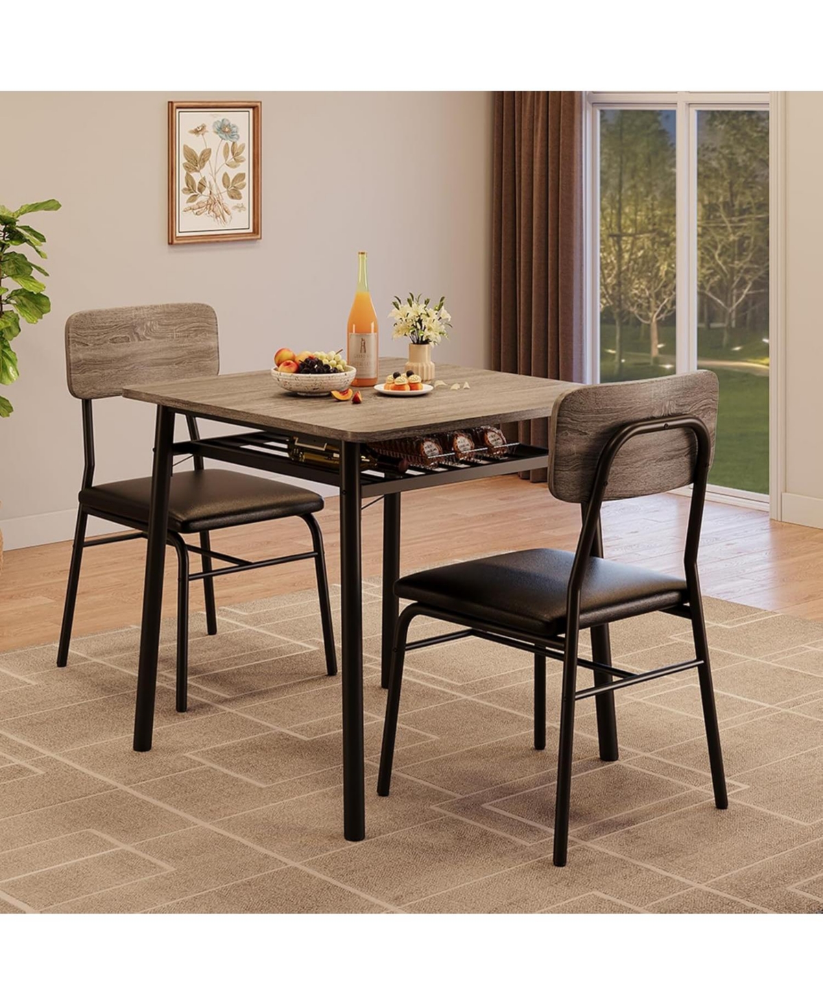 gaomon Dining Table for 2 with Storage Rack, Small Square Kitchen Table with Metal Frame and Upholstered Chairs, 3 Piece Set
