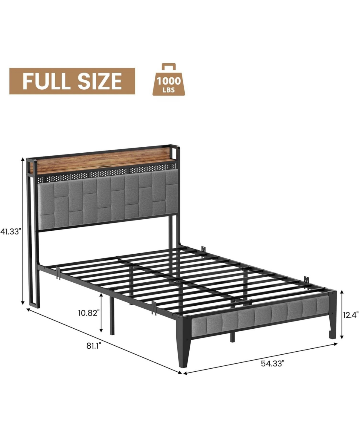 gaomon Bed Frame, Led Upholstered Platform Bed Frame with Charging Station, Storage Headboard, Strong Metal Slats Support, Noise Free, No Box
