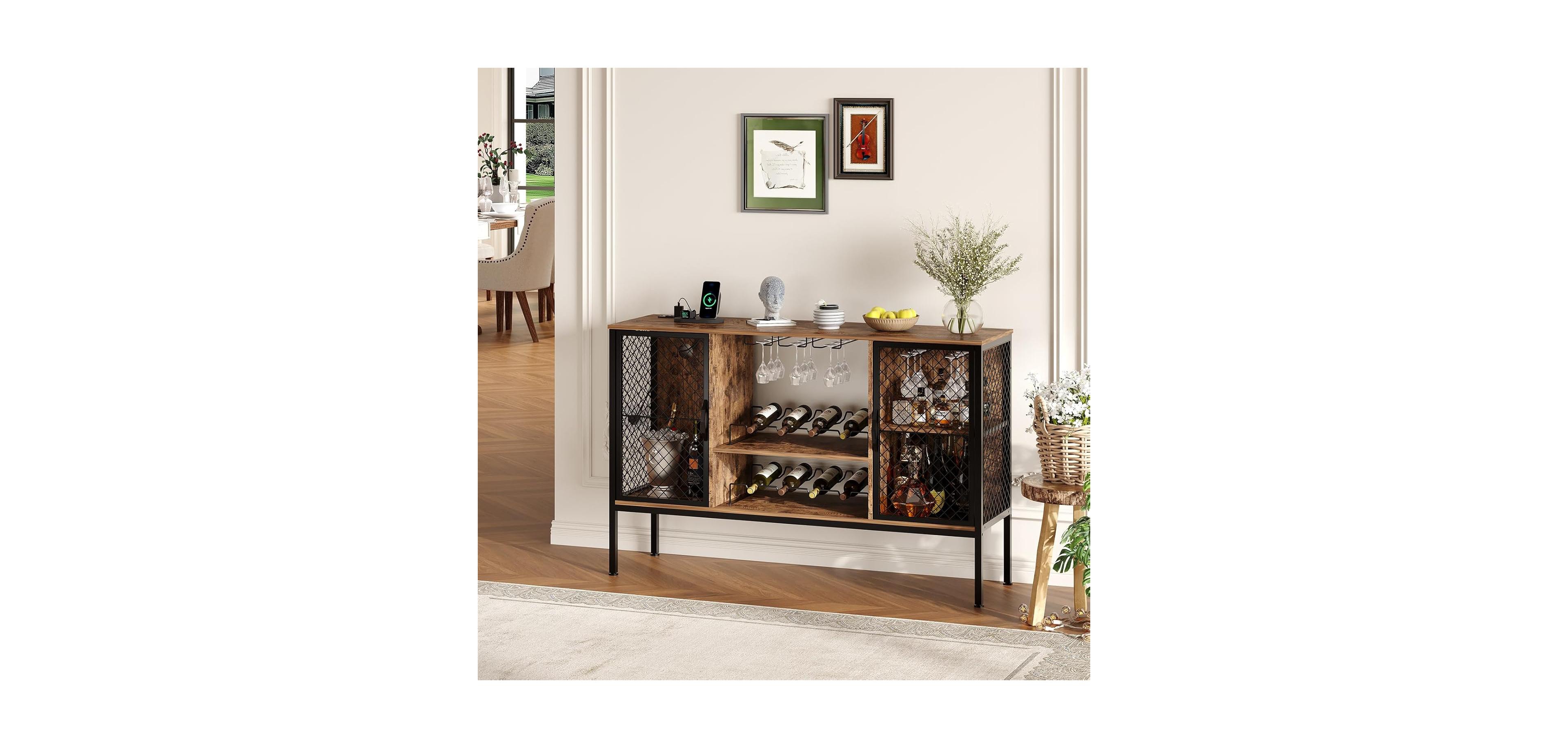 gaomon 47 Inch Industrial Coffee Bar Cabinet with Led Lights and Power Outlets Wood Liquor Cabinet with 2 Doors Glass Holders & Storage