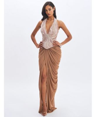 Women's Nancie Apricot Beaded Halter Peplum Pleated Maxi Dress