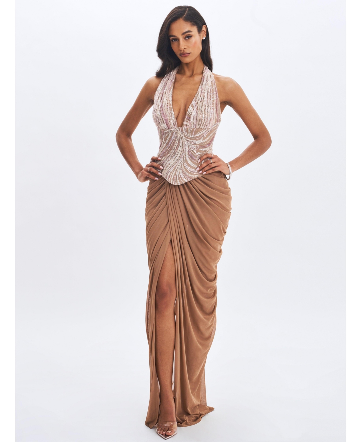 Miss Circle Women's Nancie Apricot Beaded Halter Peplum Pleated Maxi Dress