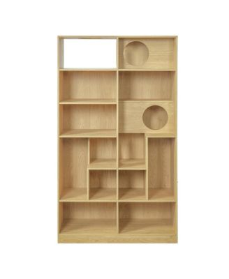 2 IN 1 Wood Bookshelf Cat House for Cat Lover, Cat Tree Display Case, 5 Tier Storage Shelves with Round Hollow Door for Study Room - Natural