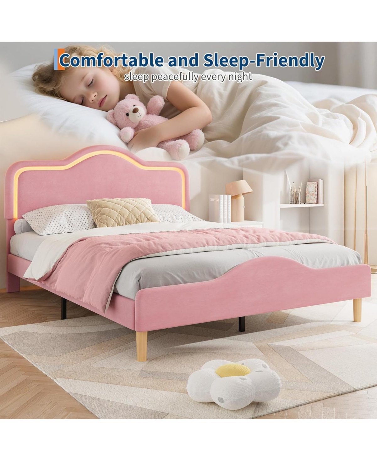 gaomon Bed Frame with Adjustable Led Headboard, Velvet Upholstered Princess Platform Bedframe with Footboard for Kids/Girls