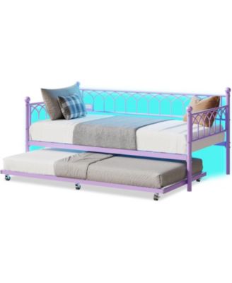 Twin Daybed with Trundle, Metal Sofa Bed Frame with Charging Station & LED Lights, Pull-Out Trundle for Bedroom, Guest Room, Small Spaces