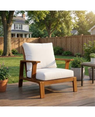 Patio Accent Chair 27.6" Wood Chair Outdoor Lounge Chair for Patios, Gardens, Beige Cushion