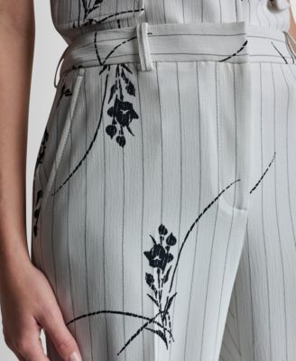Women's Pinstripe Floral Mid-Rise Flared Pants
