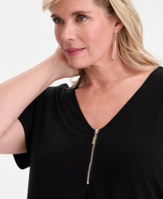 Plus Size Zippered V-Neck Top