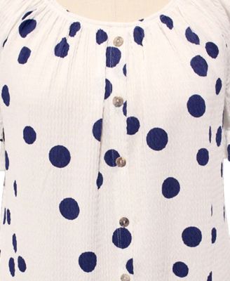Plus Size Polka Dot Crinkle Knit Button Front Ruffle Sleeve Top