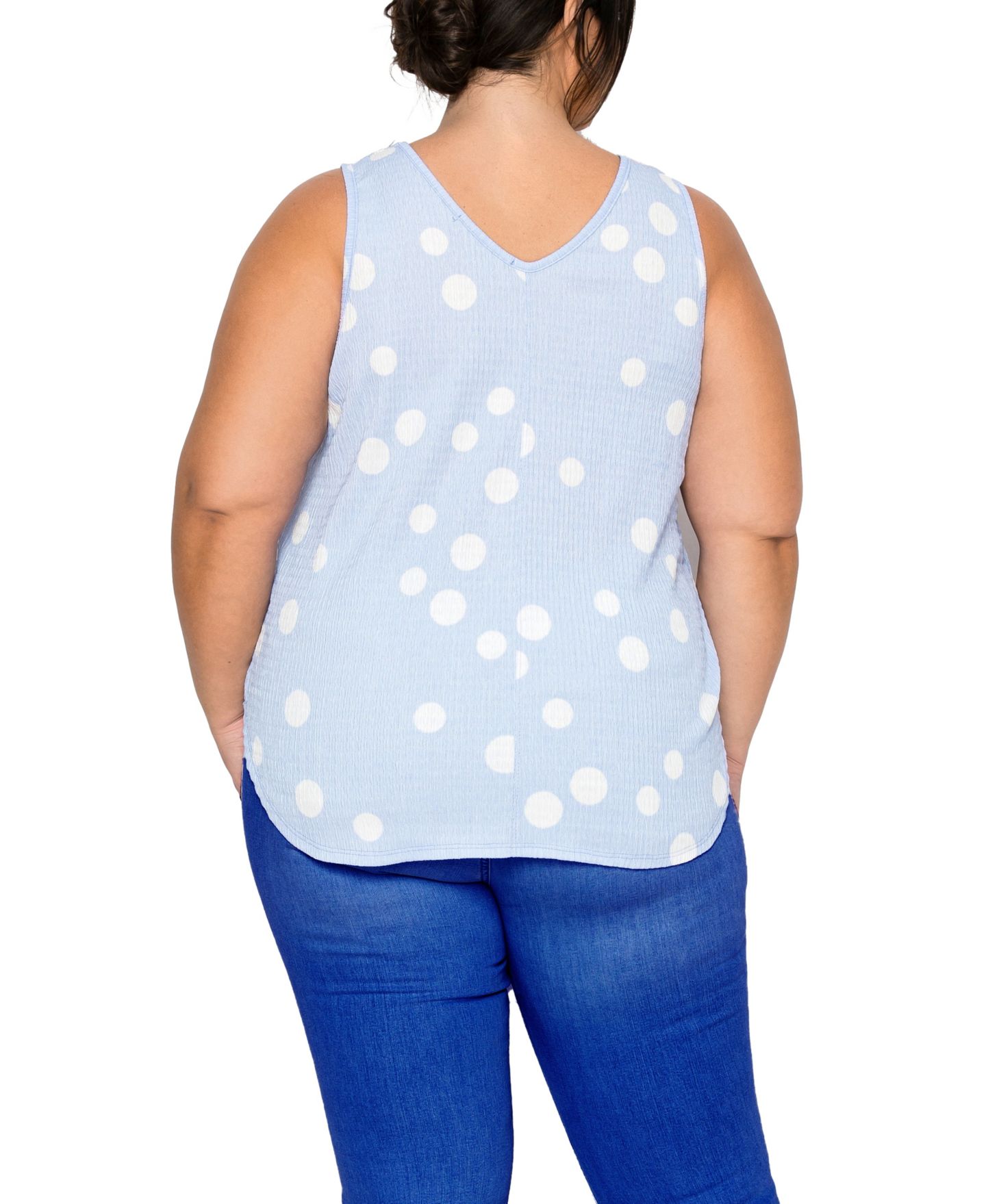 Женский топ COIN 1804 Plus Size Polka Dot Crinkle Knit Double V-Neck, цвет: Синий / Слоновая кость — фото 5