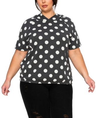 Plus Size Polka Dot Double Knit Hoodie Short- Sleeve Elastic Hem Top