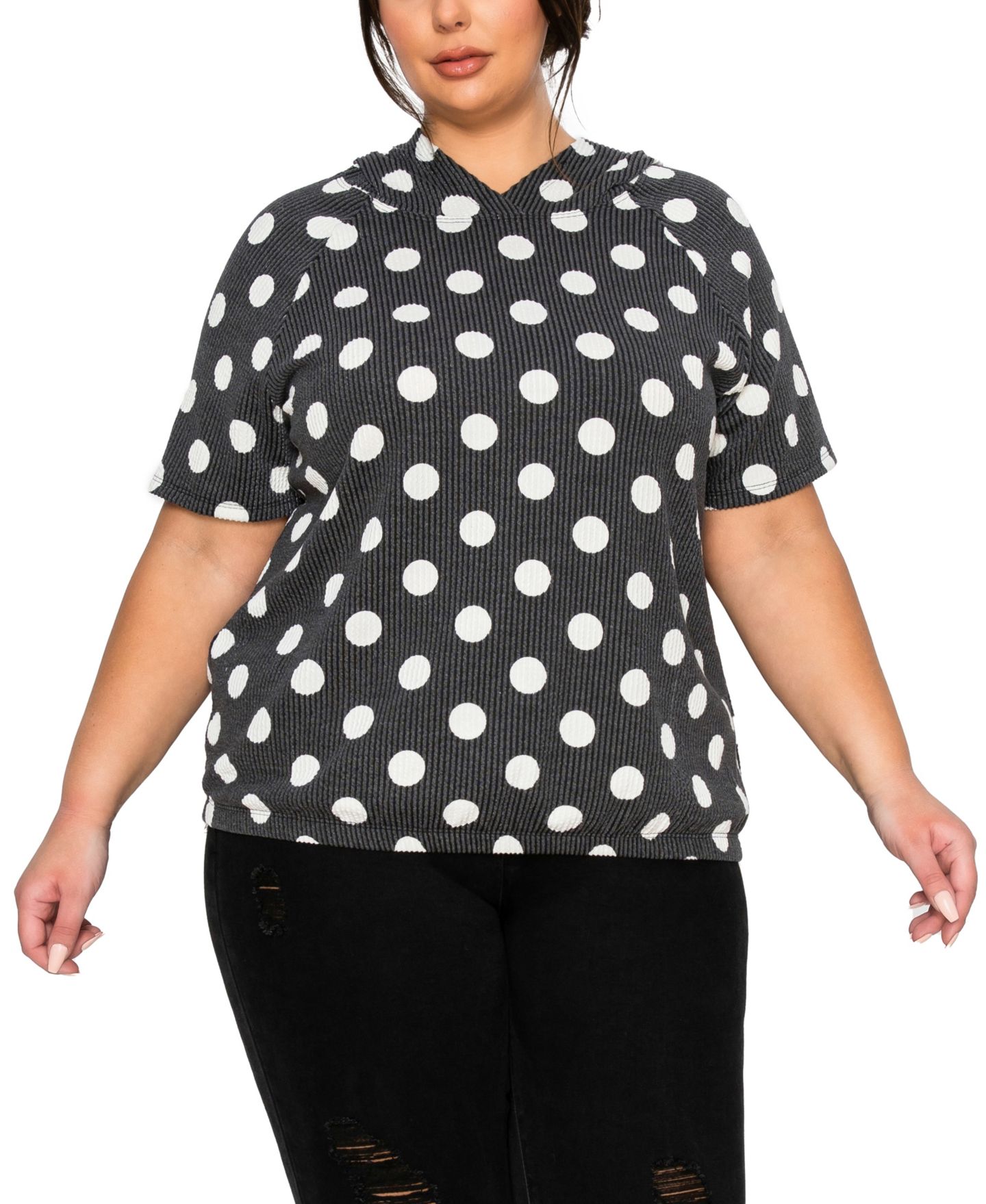 Женское худи COIN 1804 Plus Size Polka Dot Double Knit Short- Sleeve Elastic Hem Top, цвет: Чёрный / Белый — фото 1