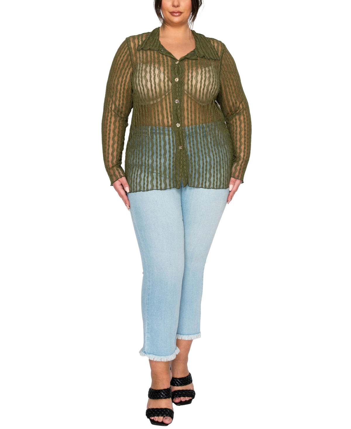 Coin 1804 Plus Vertical Floral Stripe Lace Button Front Shirt