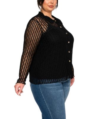 Plus Size Vertical Floral Stripe Lace Button-Front Shirt