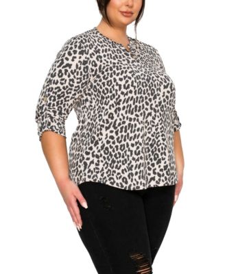 Plus Size Animal Double Knit 1 Button Henley 3/4 Sleeve Top