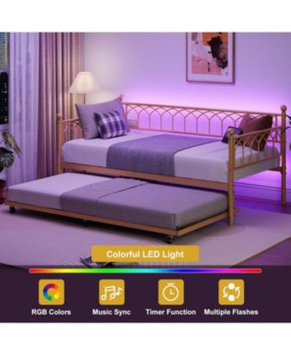 Twin Daybed with Pull-Out Trundle, LED Lights & Charging Station, Metal Sofa Bed,