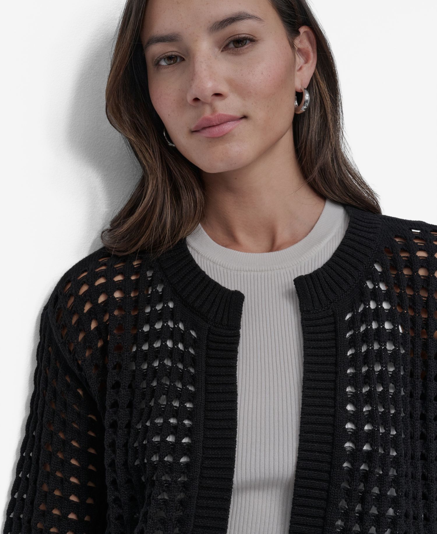 Petite Open-Stitch Drop-Shoulder Cardigan Sweater