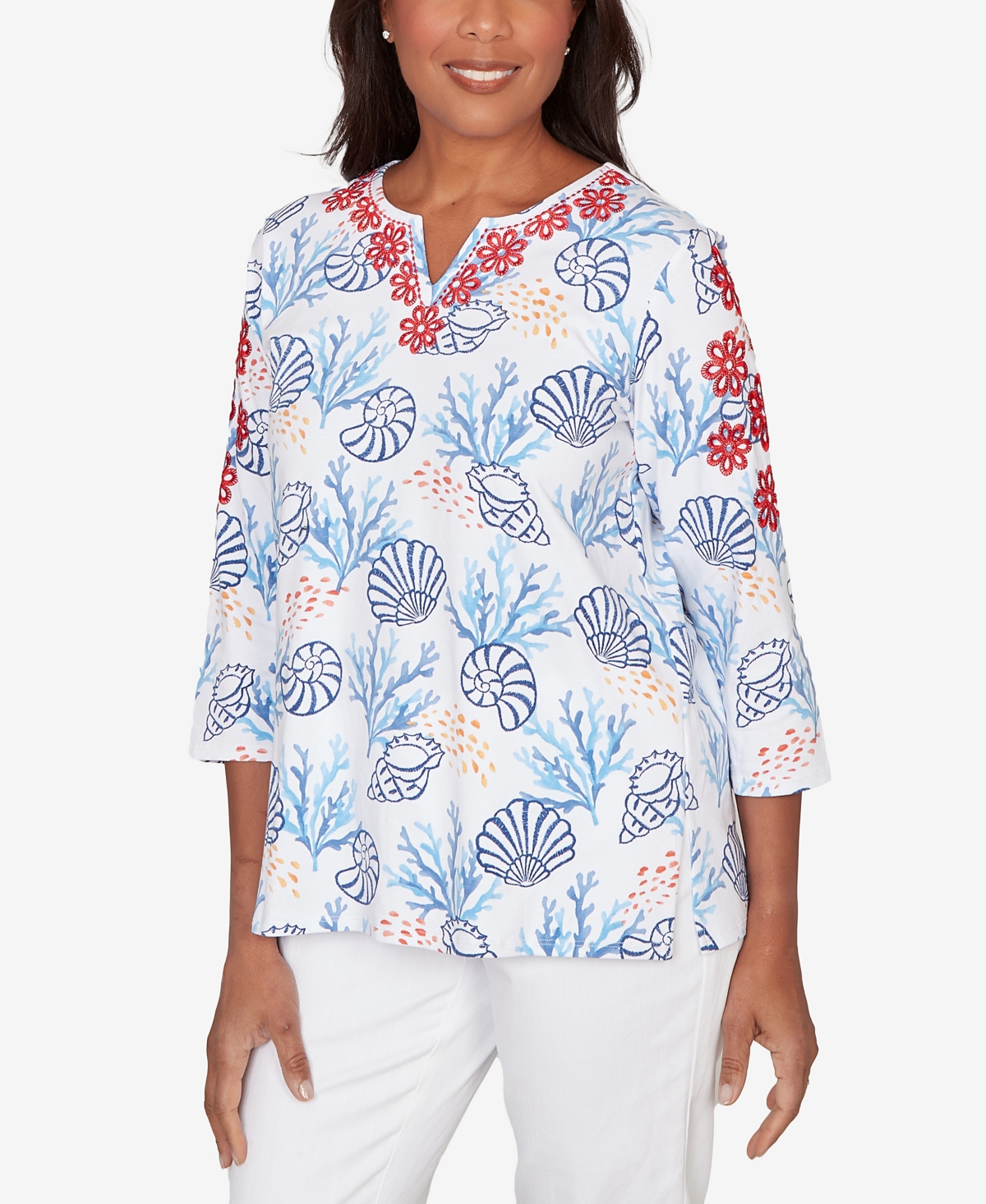 Alfred Dunner Petite Port Side Shell Print Embroidered Top