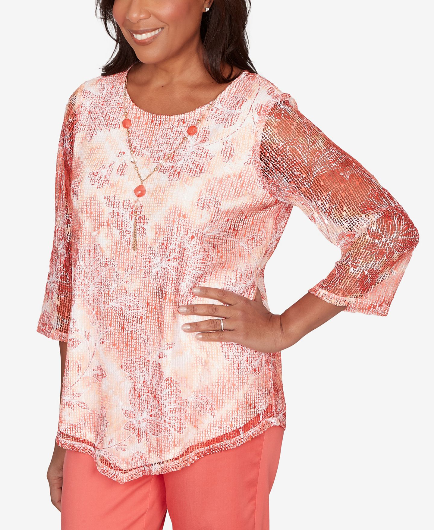 Женский топ Alfred Dunner Petite Resort Living Batik Tie Dye Chevron Crew Neck, цвет: Оранжевый — фото 3