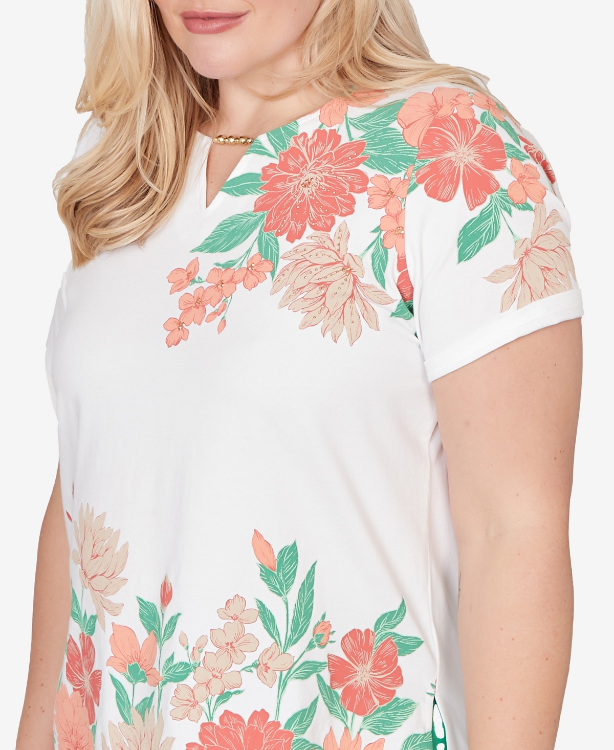 Alfred Dunner Petite Resort Living Floral Scallop Border Top