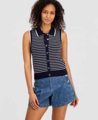 Women's Striped Sleeveless Pointelle Polo Sweater 