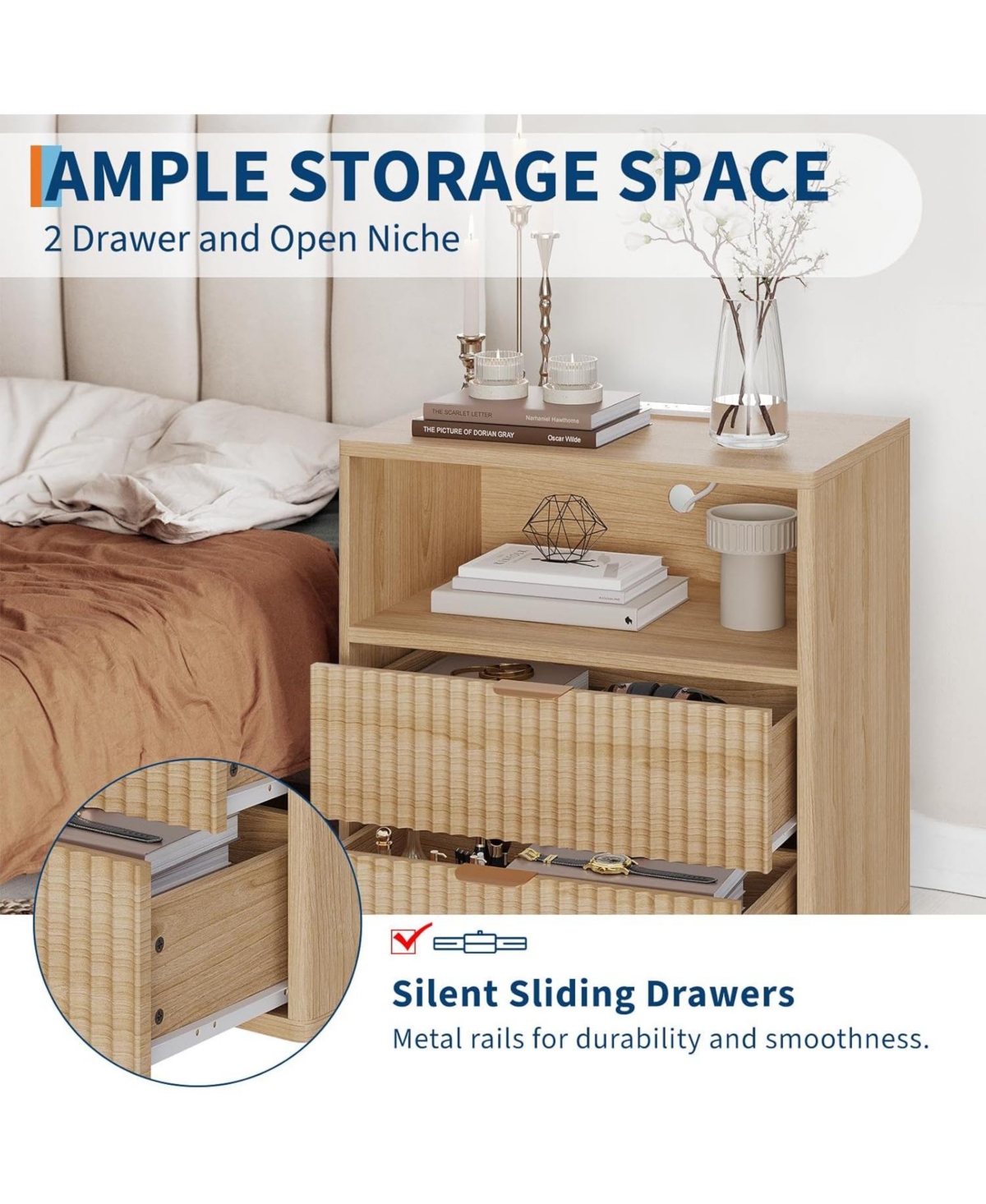 Gaomon Fluted Farmhouse Night Stand with Charging Station, 23" Mid-Century Modern Nightstand, 2 Drawers End Table