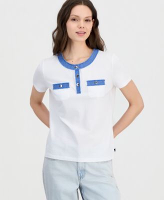 Women's Denim-Trim Henley Short-Sleeve Top