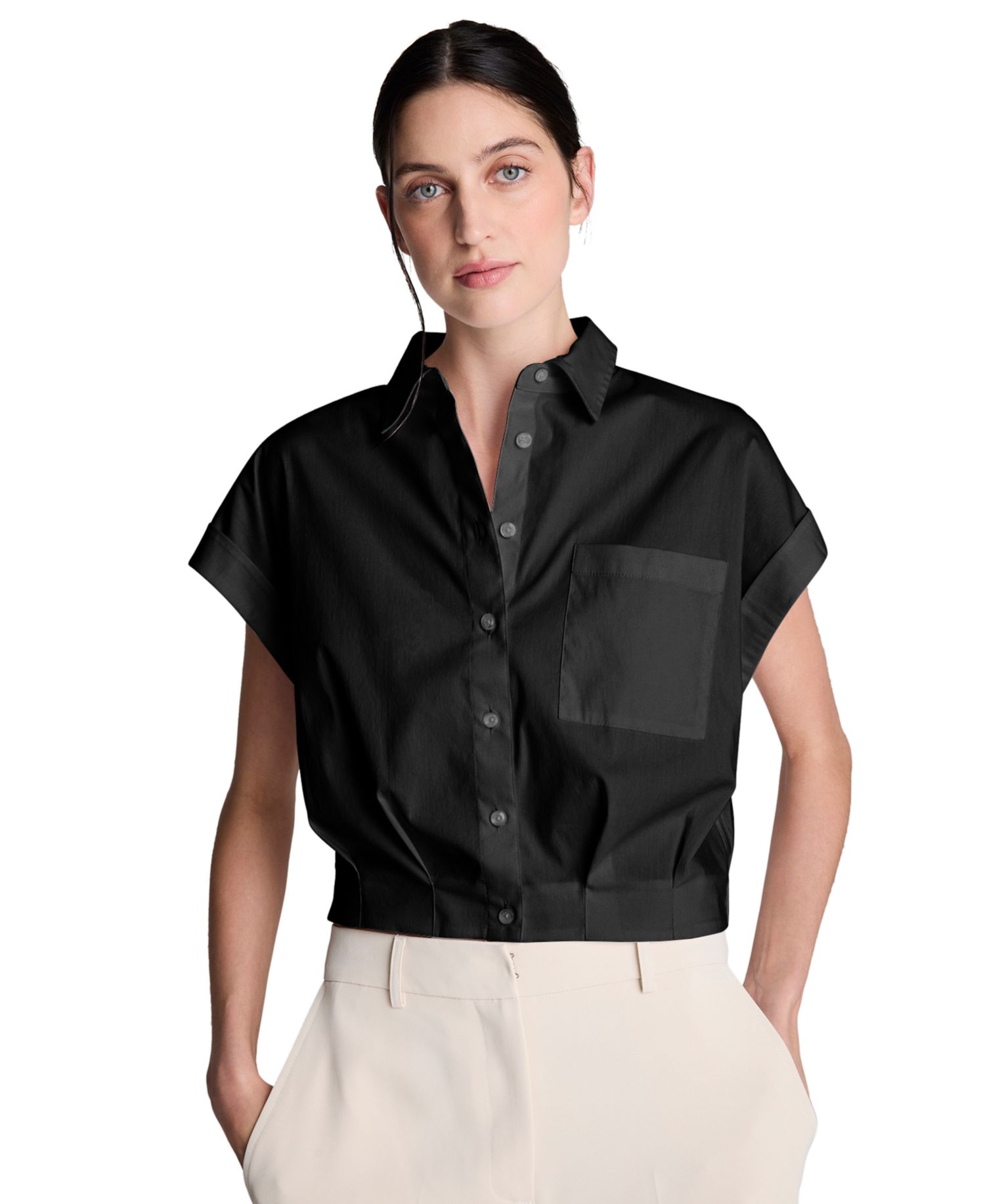 Women's Short-Sleeve Button-Front Collared Cropped Shirt
