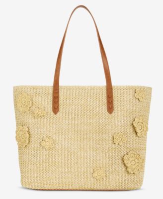 Stud Floral Applique Straw Large Tote