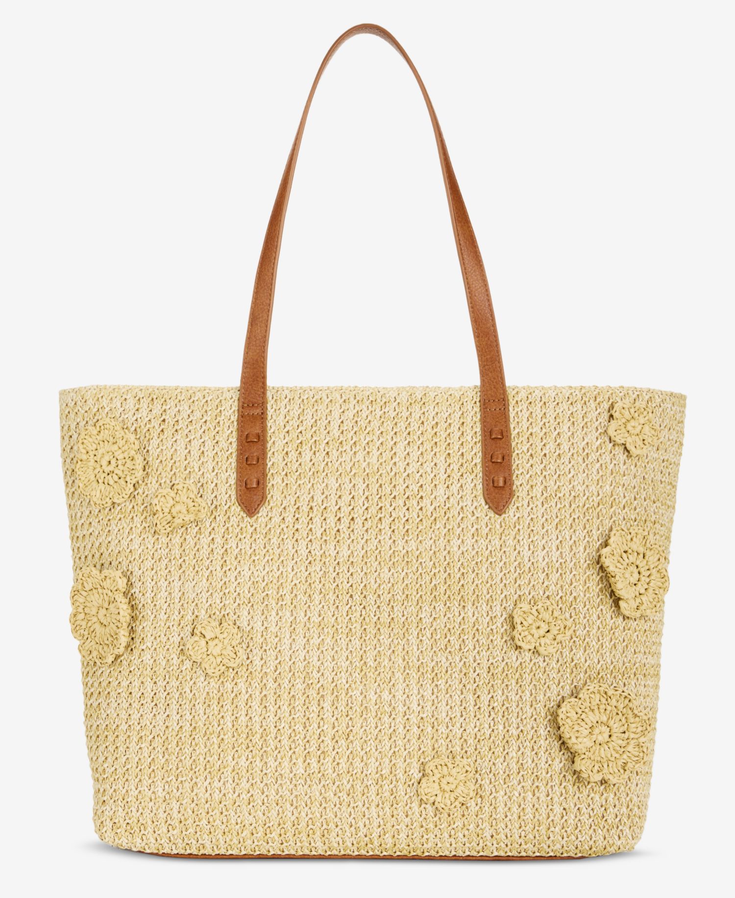Stud Floral Applique Straw Large Tote
