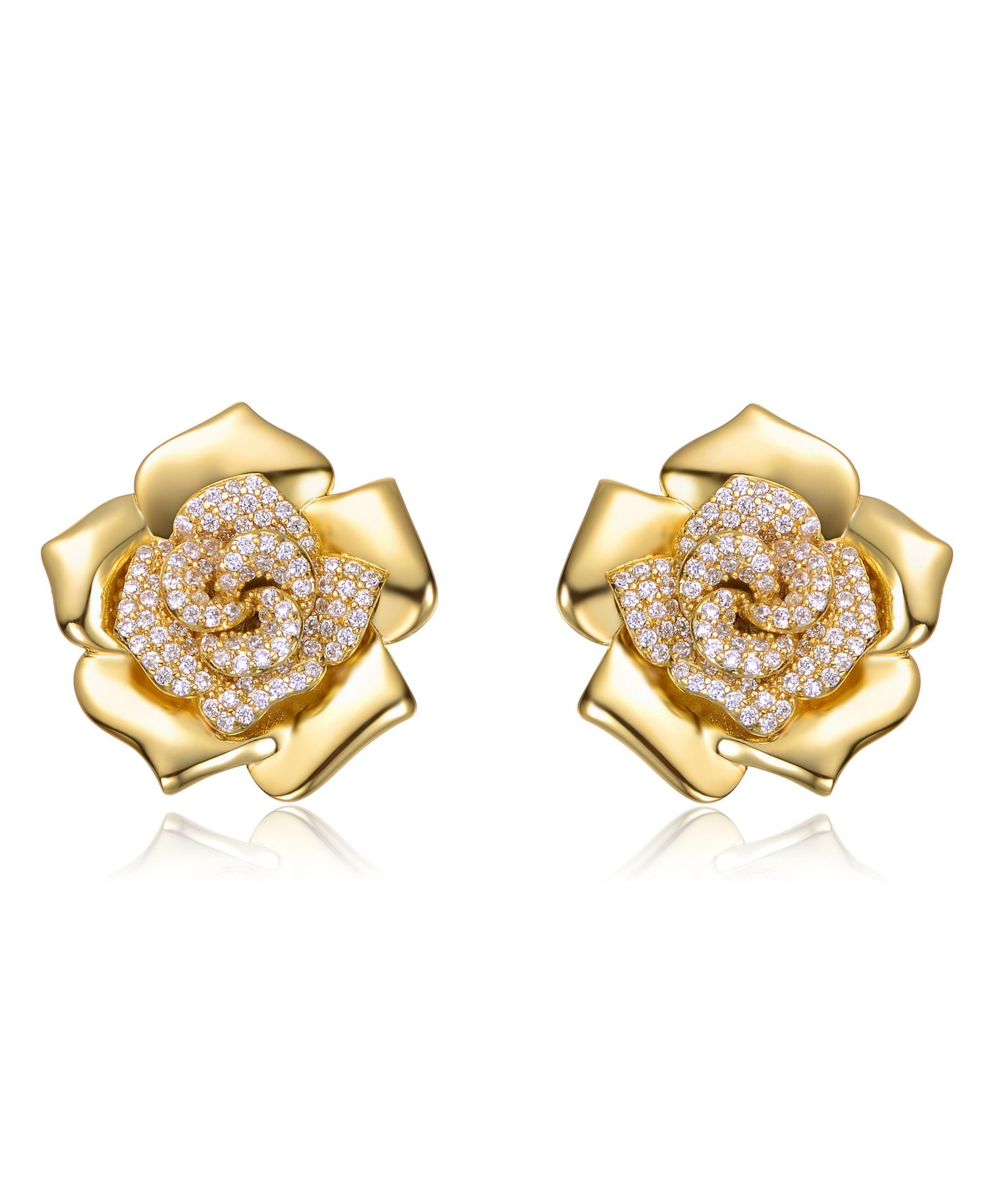 14K Gold Plated CZ Big Heavy Flower Statement Earrings