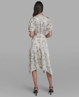 Women's Printed Puff-Sleeve Tie-Waist Belt Midi Dress