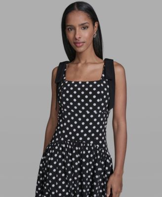 Women's Sleeveless Polka Dot Bow Strap Midi Dress