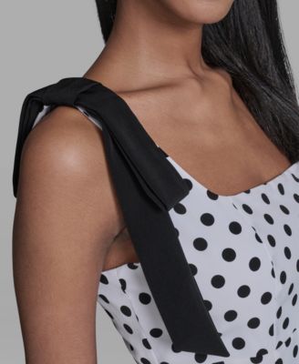 Women's Sleeveless Polka Dot Bow Strap Midi Dress