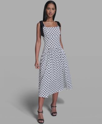 Women's Sleeveless Polka Dot Bow Strap Midi Dress