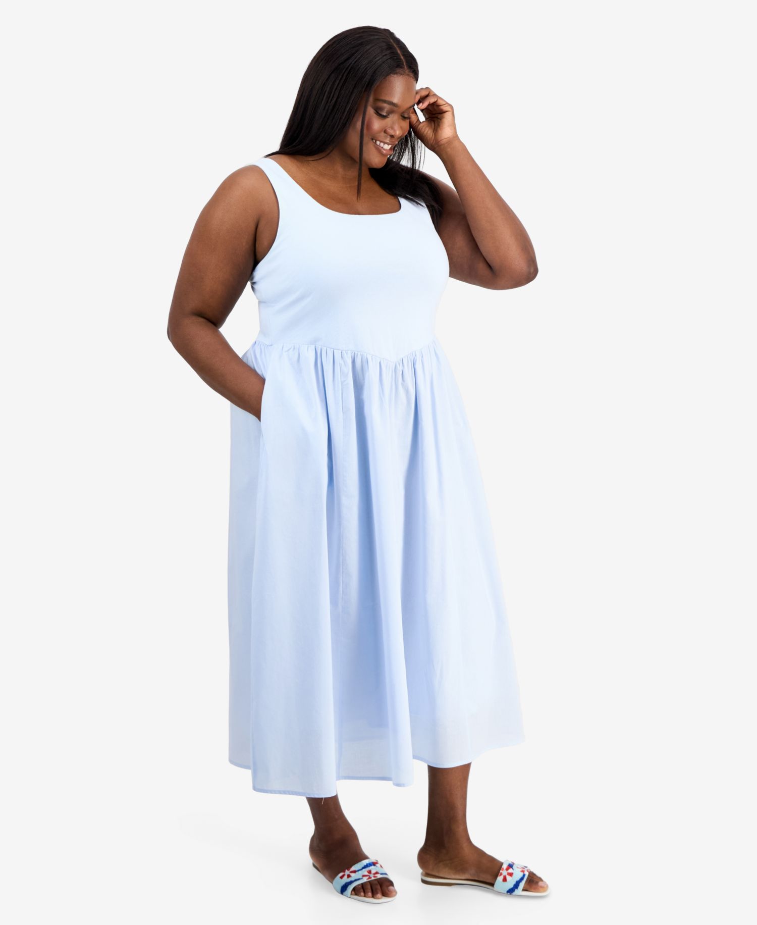 Trendy Plus Size V-Waist Mixed-Media Midi Dress
