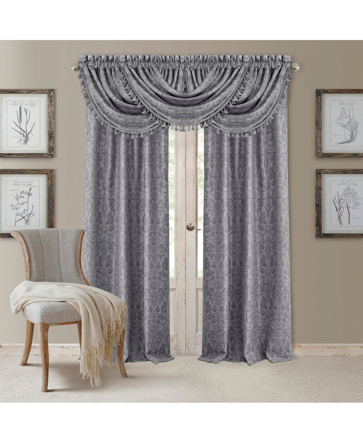 Elrene Home Fashions Antonia Damask Print Waterfall Tassel Window Valance